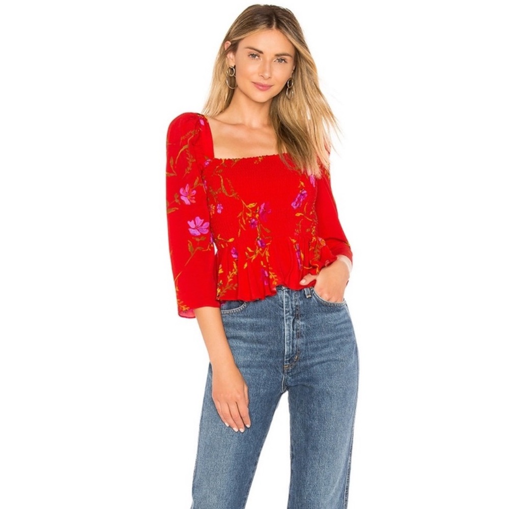 NWOT Lovers + Friends Smocked Faye Floral Puff Sleeve Top